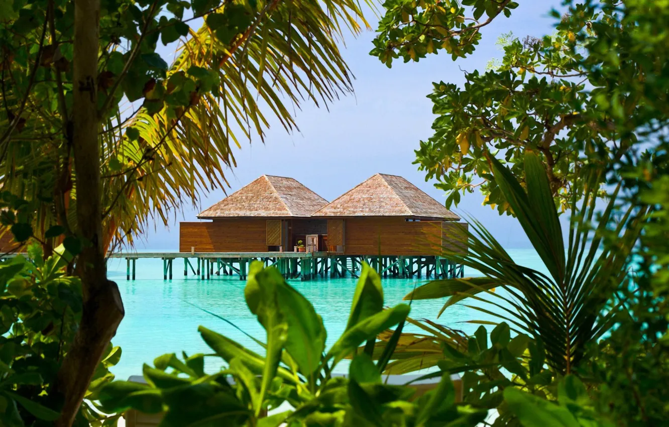 Photo wallpaper the sky, the ocean, Bungalow, Lazur