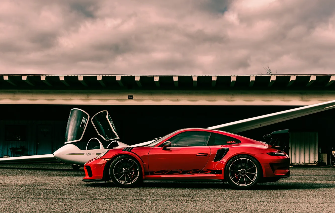 Photo wallpaper red, sports car, the plane, Porsche 911, Porsche 911 GT3 RS, glider
