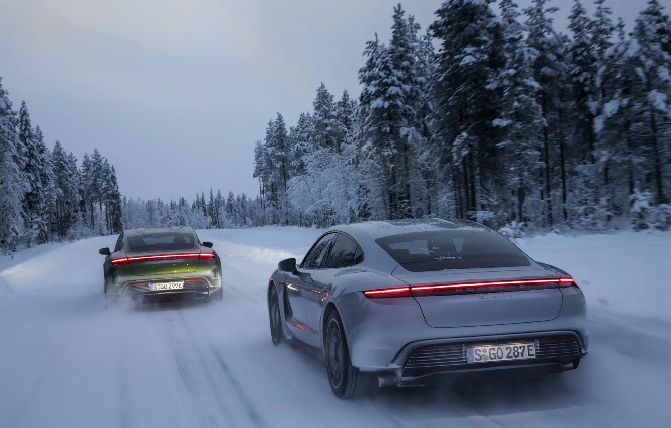 Photo wallpaper winter, snow, Porsche, on the road, 2020, Taycan, Taycan 4S
