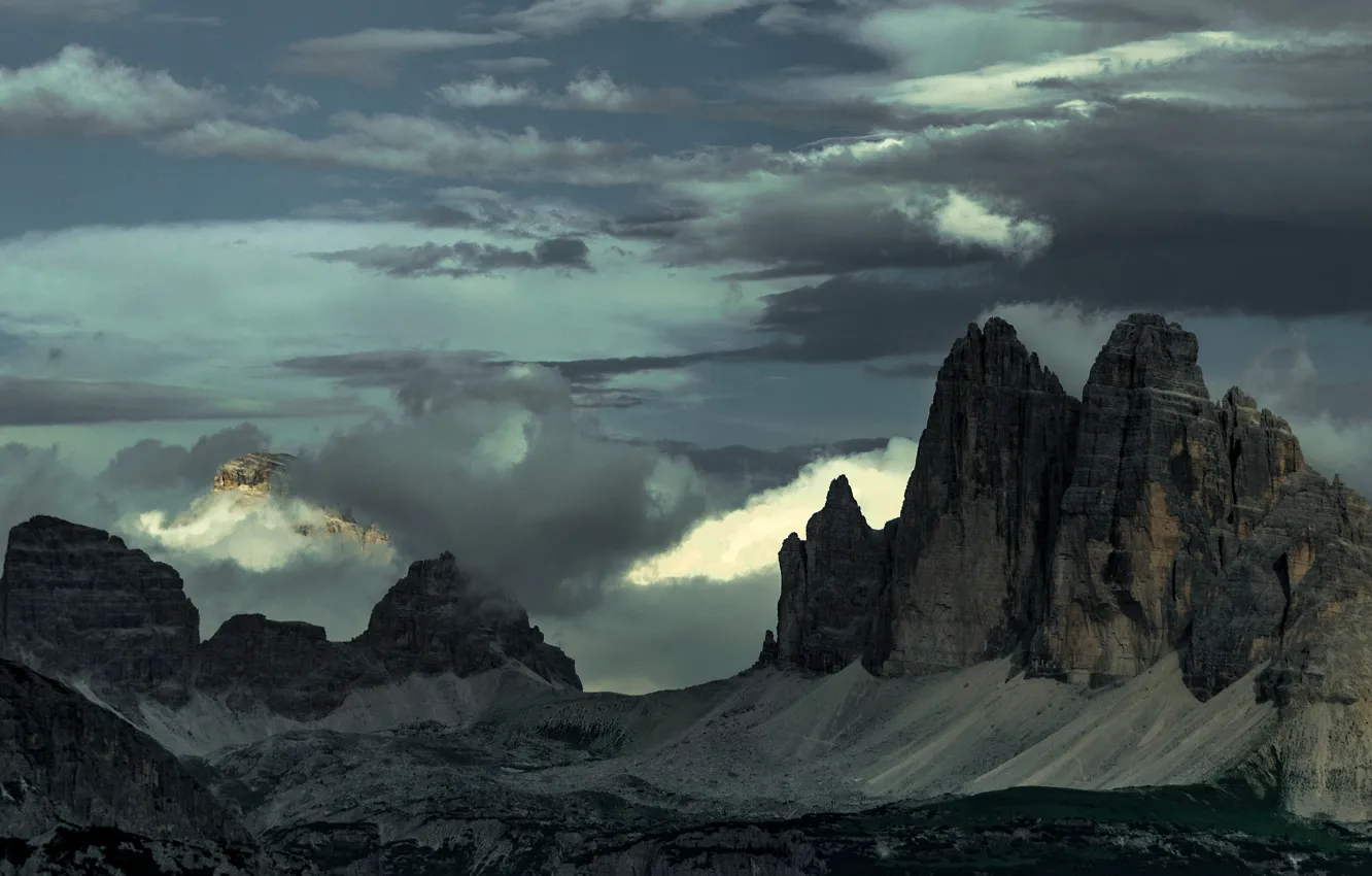 Photo wallpaper the sky, clouds, mountains, nature, rocks, Alps, Italy, The three Peaks of Lavaredo