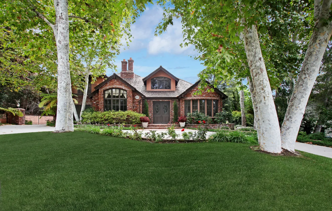 Photo wallpaper grass, trees, flowers, house, lawn, beautiful, CA, USA