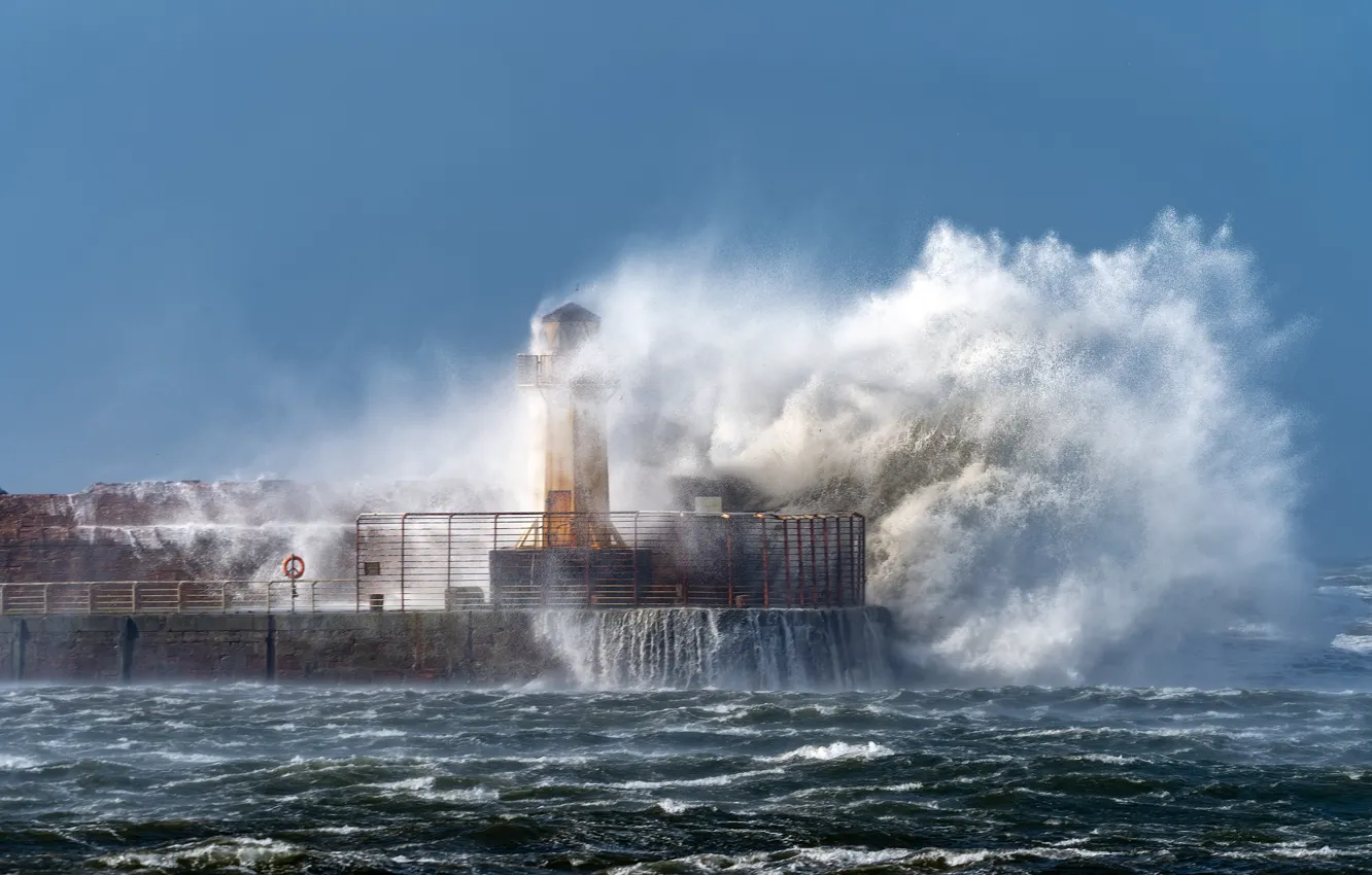 Photo wallpaper storm, element, wave, lighthouse