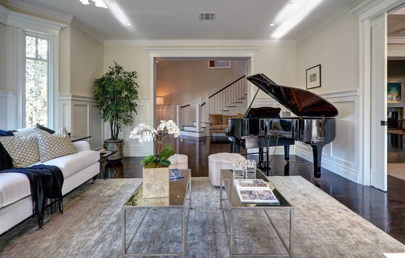 Photo wallpaper interior, piano, living room, Toluca Lake house