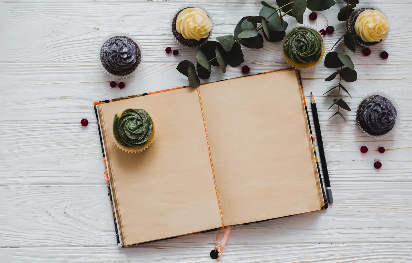 Photo wallpaper Notepad, wood, cupcakes, muffins