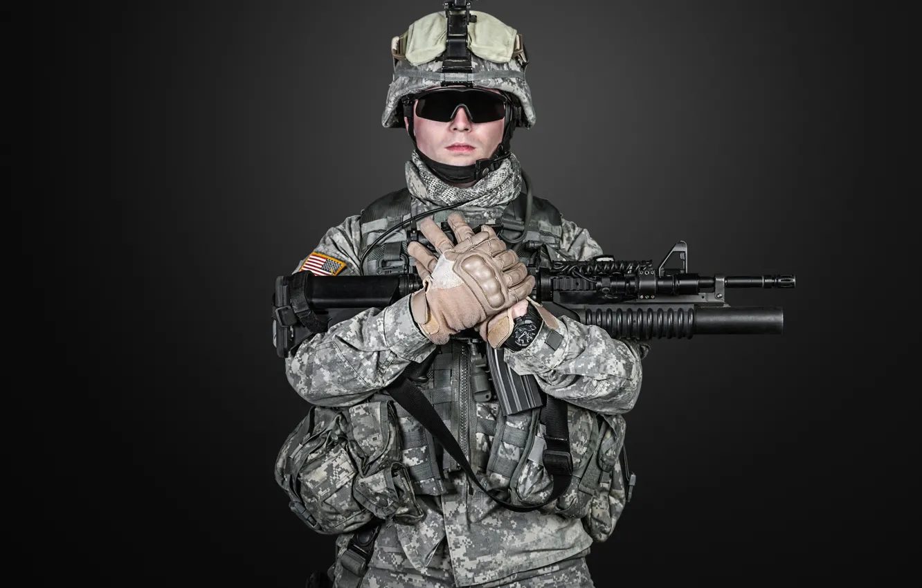 Photo wallpaper pose, weapons, glasses, soldiers, machine, gloves, helmet, camouflage