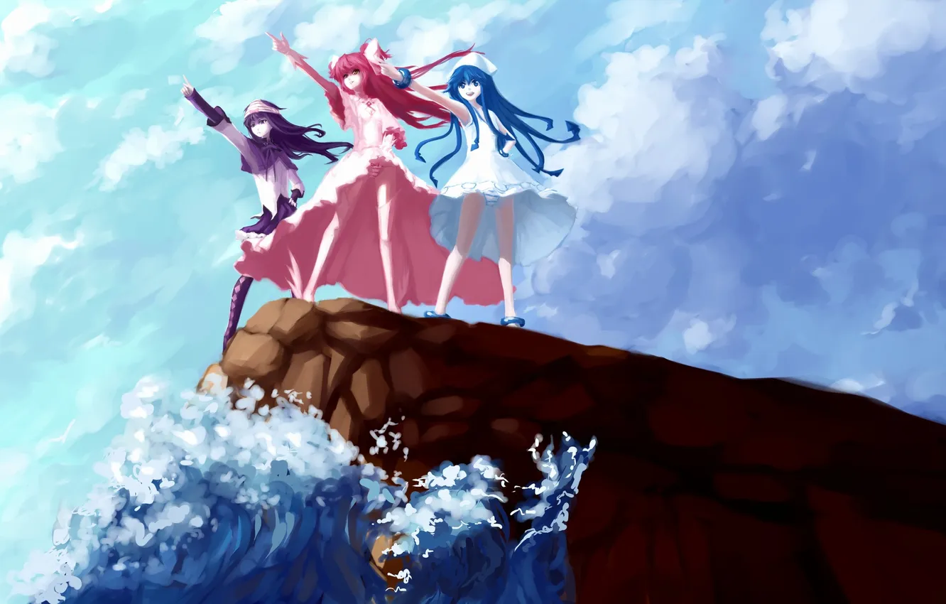 Photo wallpaper the sky, girl, clouds, squirt, the ocean, rocks, anime, art