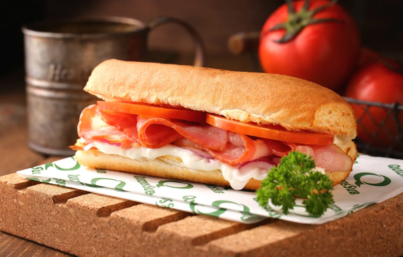 Photo wallpaper cheese, meat, tomatoes, sauce, parsley, bacon, sandwiches