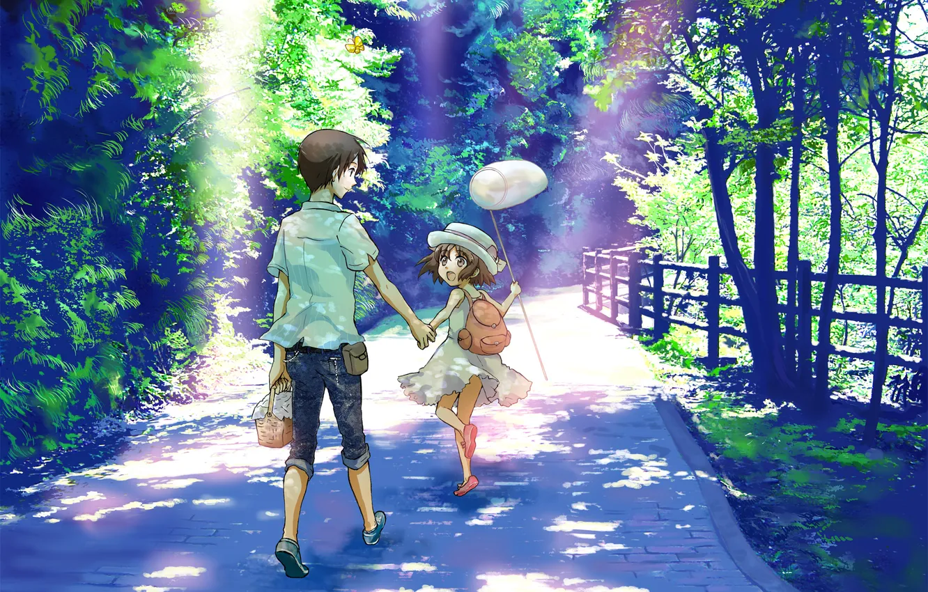 Photo wallpaper forest, summer, trees, joy, boy, the net, girl, walk