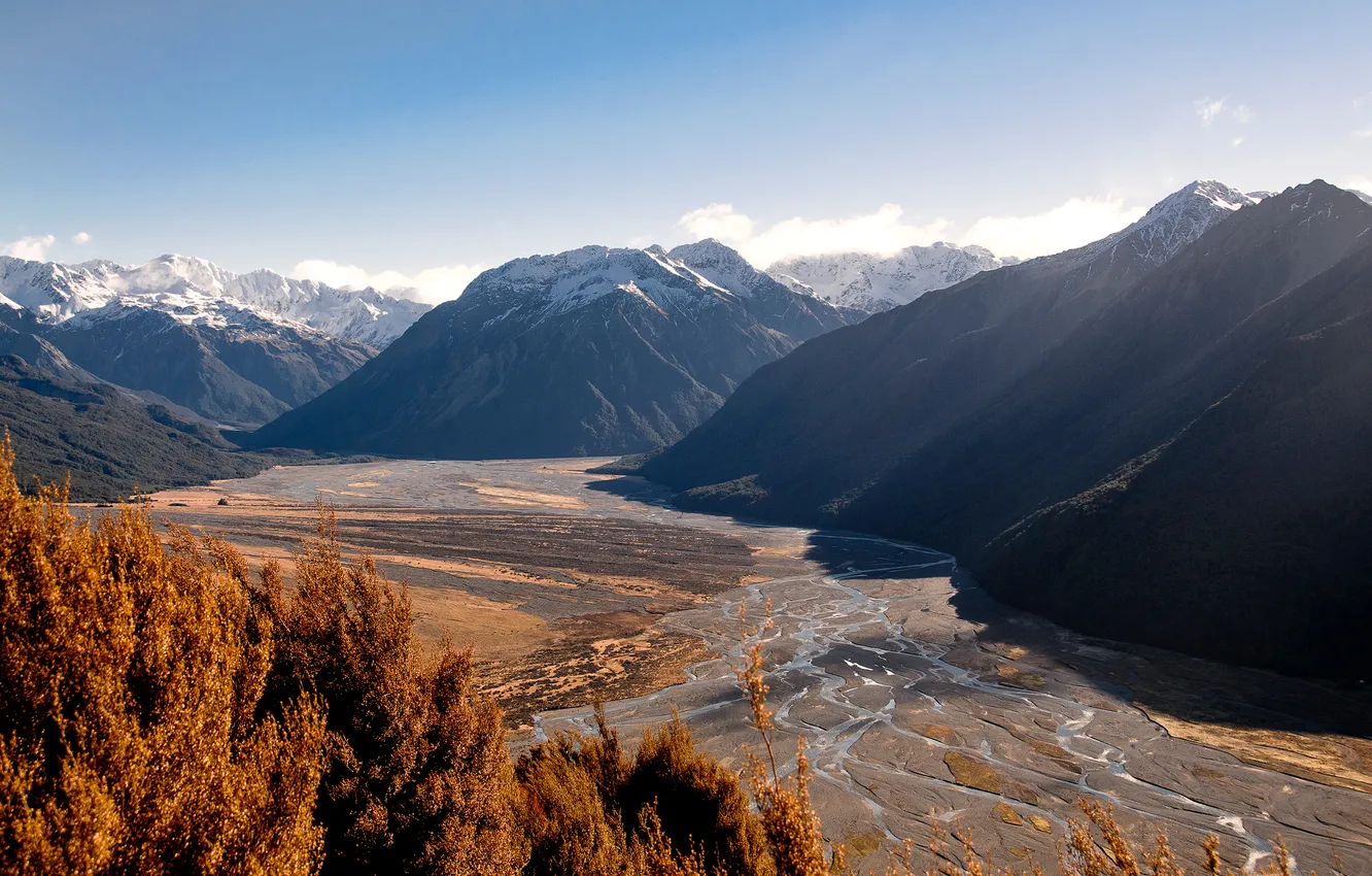 Photo wallpaper autumn, the sky, snow, trees, mountains, river