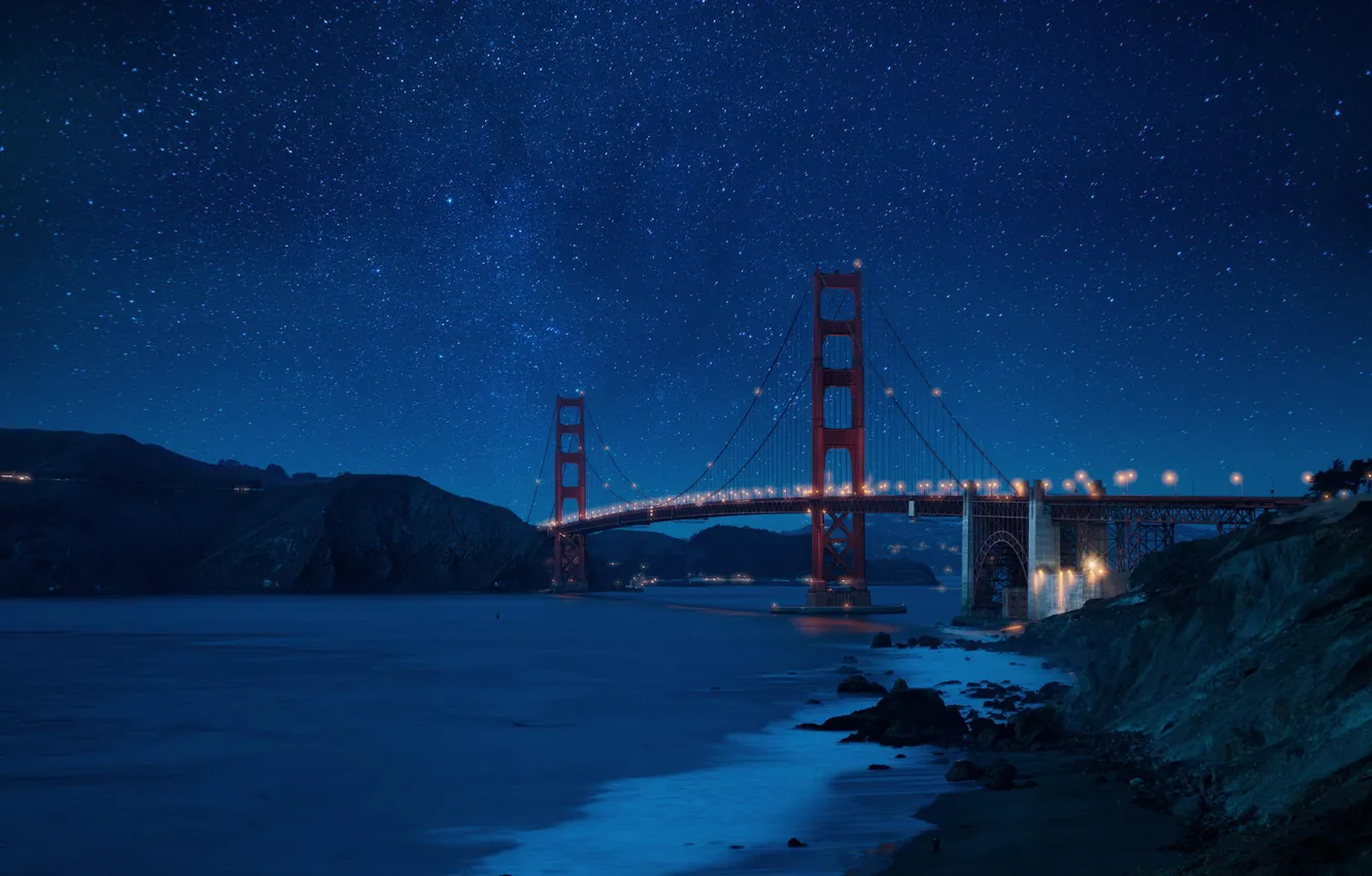 Photo wallpaper beach, night, bridge, shore, Golden Gate вridge