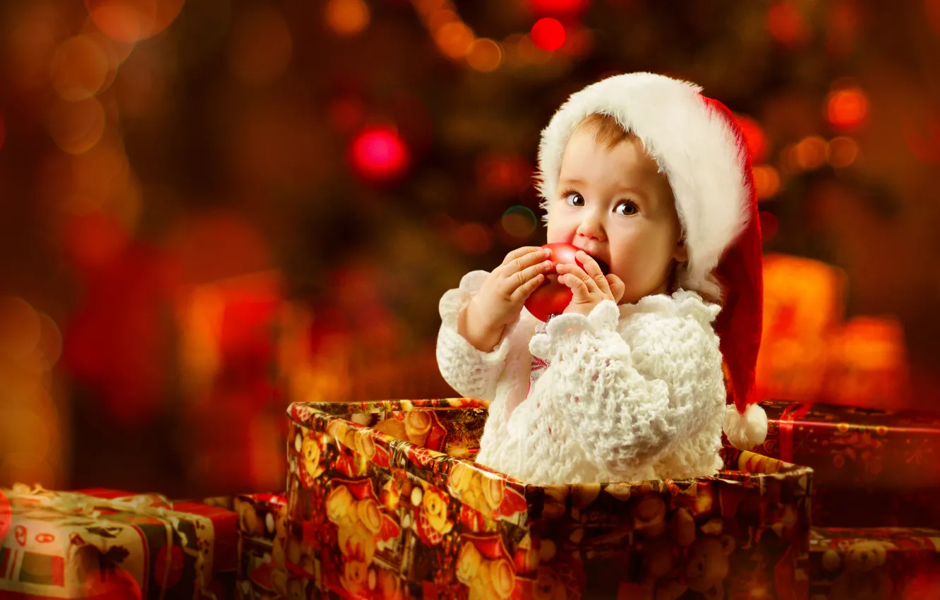 Photo wallpaper look, children, holiday, box, hat, new year, Christmas