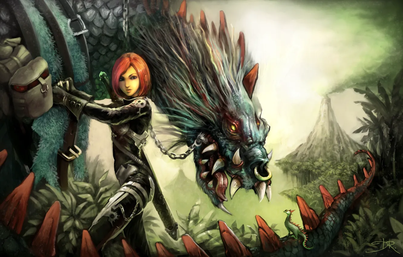 Photo wallpaper look, girl, weapons, fiction, monster, being, the volcano, art