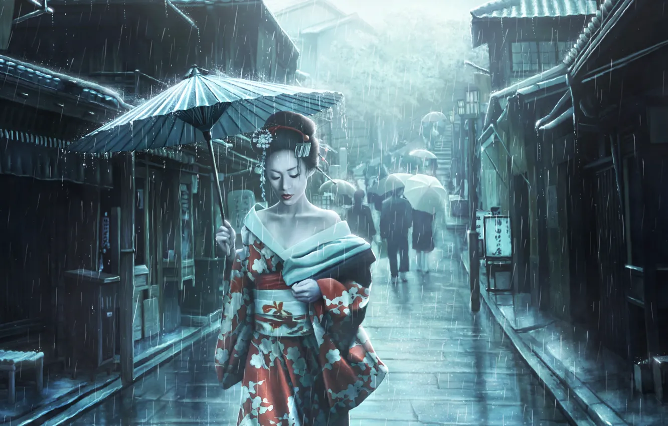Photo wallpaper Girl, Japan, Street, Rain, Asian, Umbrella, Umbrella, Japan