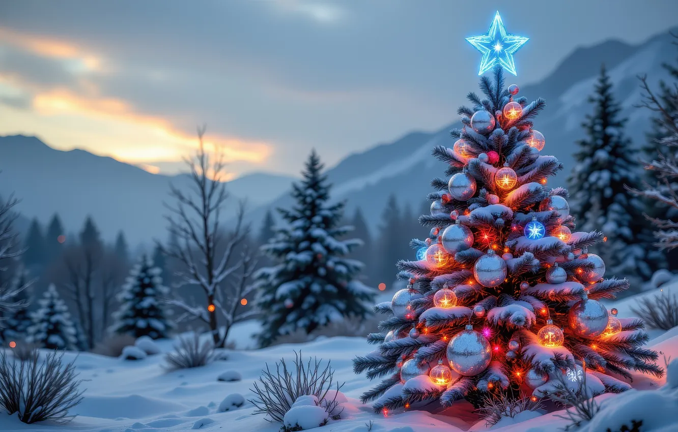 Photo wallpaper winter, forest, the sky, clouds, balls, snow, mountains, lights