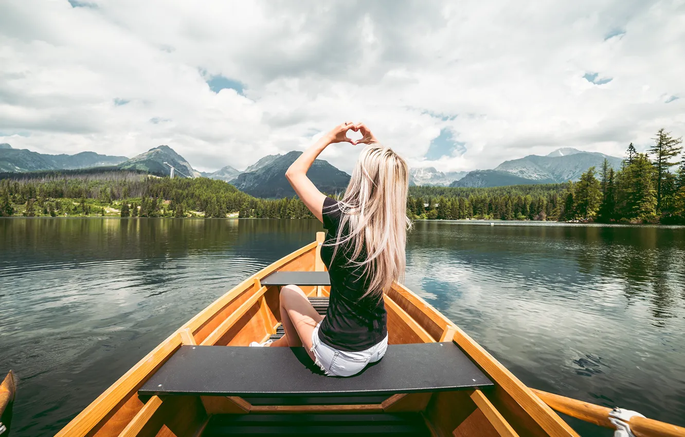 Photo wallpaper forest, the sky, girl, mountains, boat, blonde