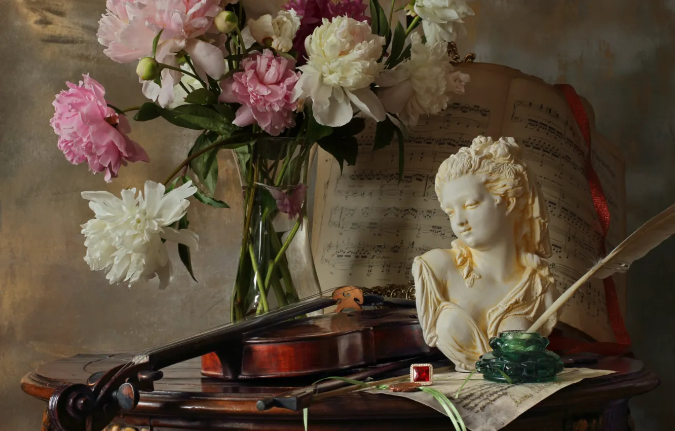 Photo wallpaper girl, notes, pen, violin, bouquet, figurine, still life, ring