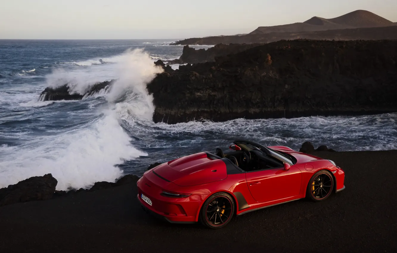 Photo wallpaper wave, red, rocks, shore, 911, Porsche, Speedster, 991