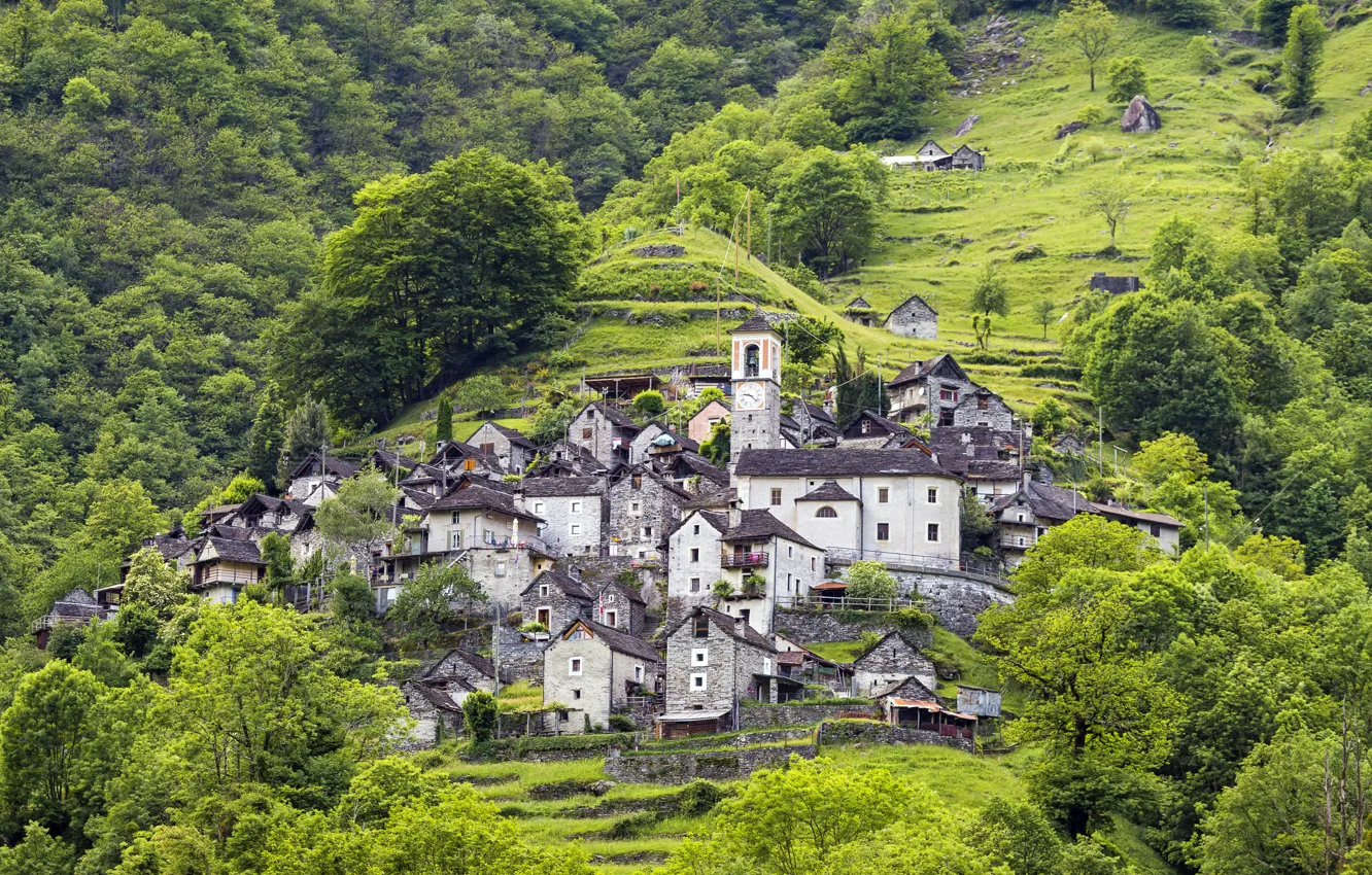 Photo wallpaper greens, grass, trees, mountain, home, Switzerland, slope, Canton Ticino