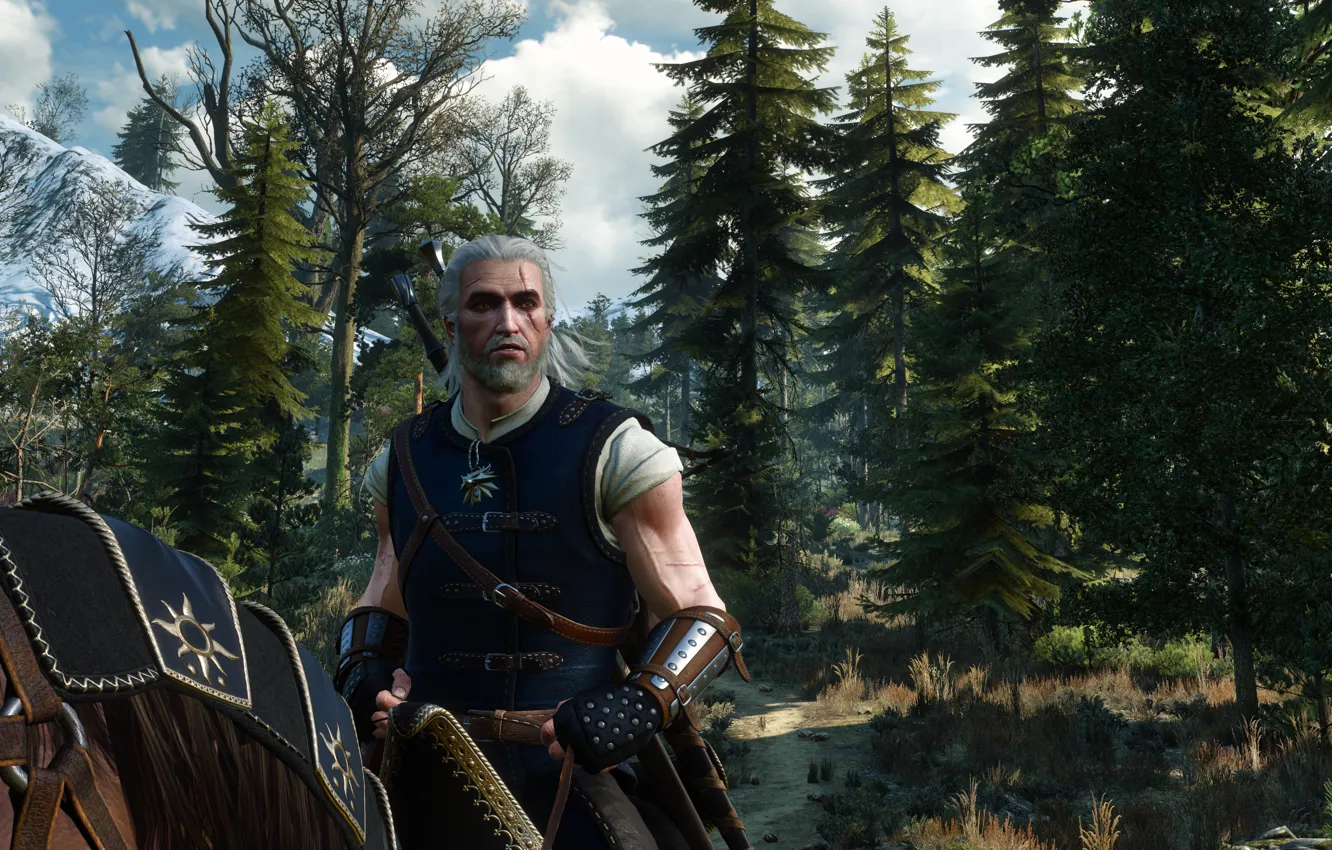 Photo wallpaper road, trees, horse, medallion, The Witcher, The Witcher, Geralt, The Witcher 3 Wild Hunt