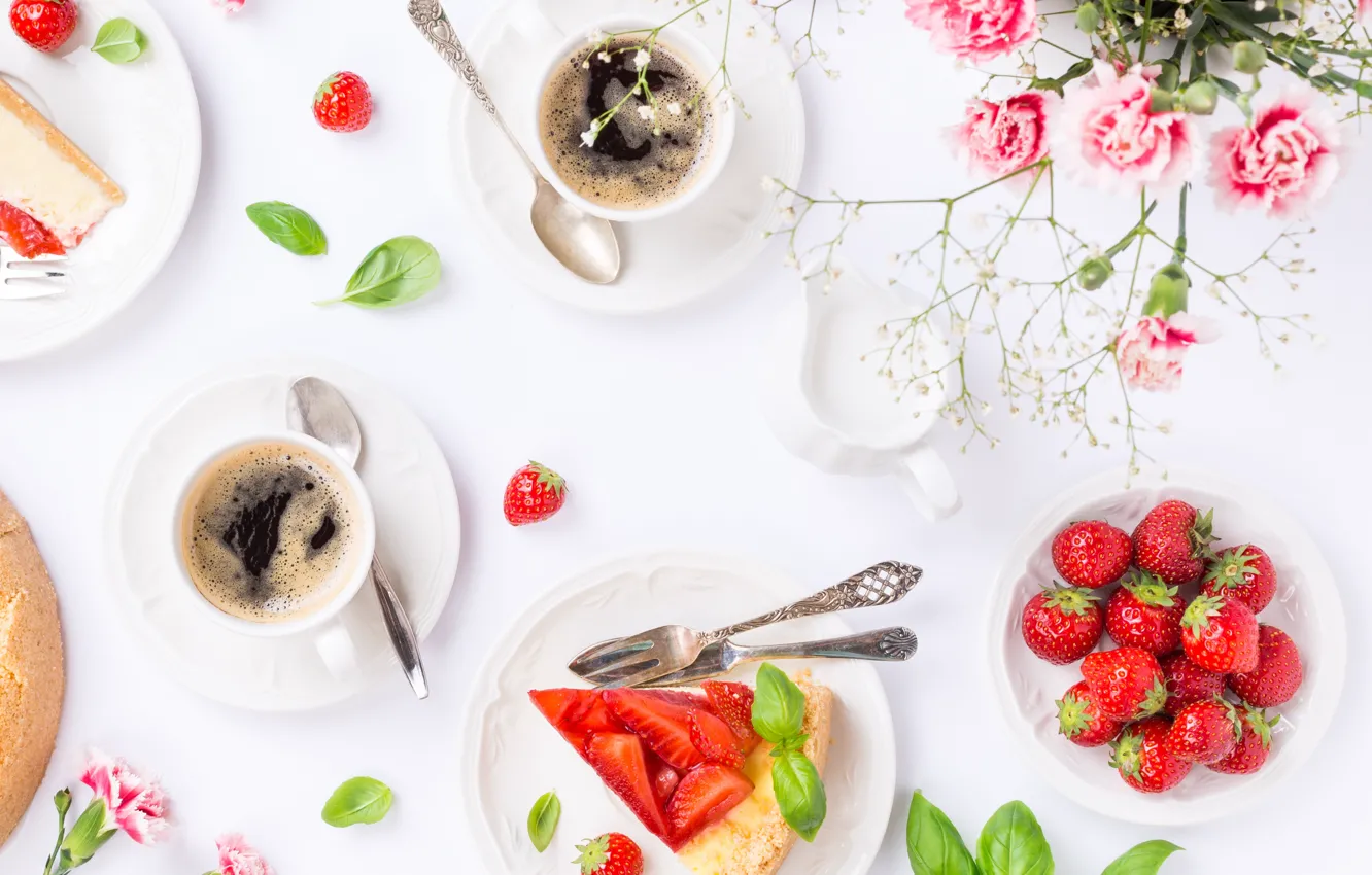 Photo wallpaper berries, coffee, Breakfast, strawberry, pie, Iryna Melnyk