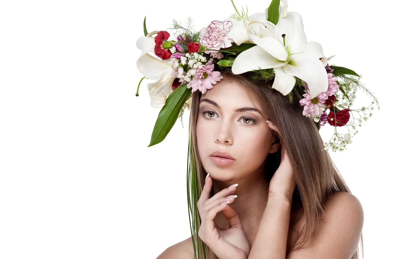 Photo wallpaper white, eyes, girl, flowers, face, photo, woman, model