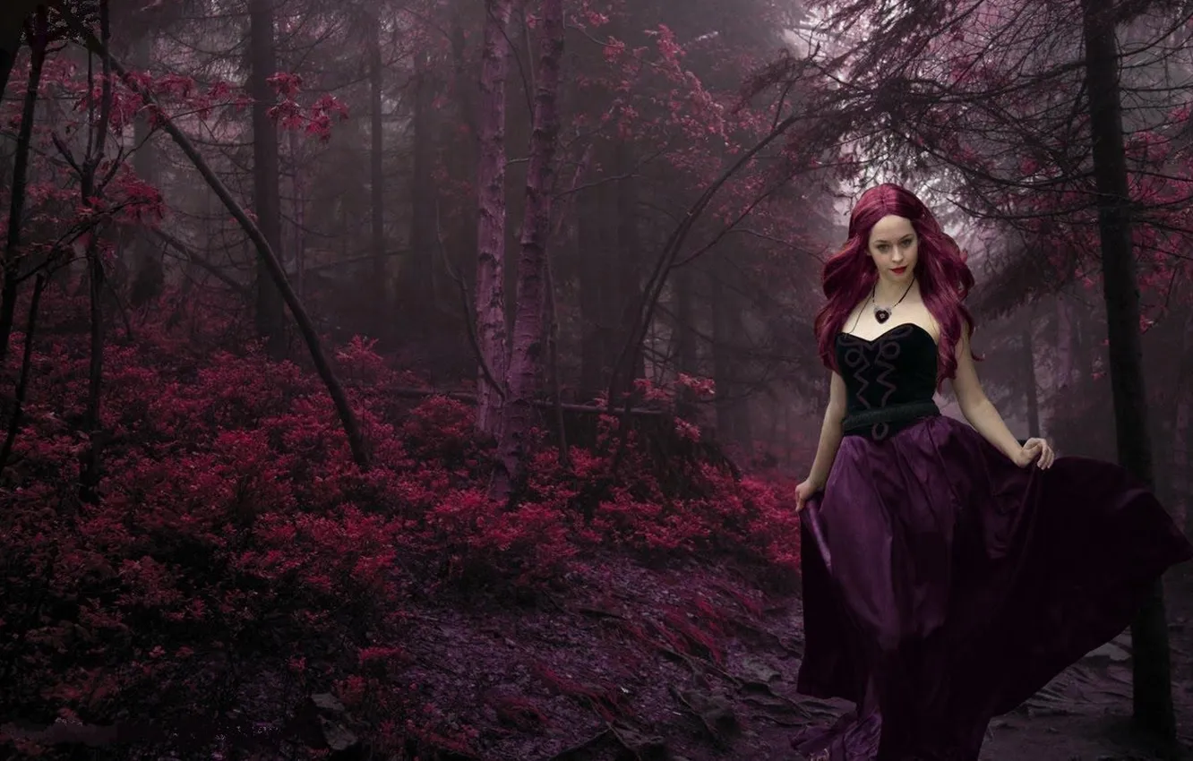 Photo wallpaper forest, trees, red, dress, corset