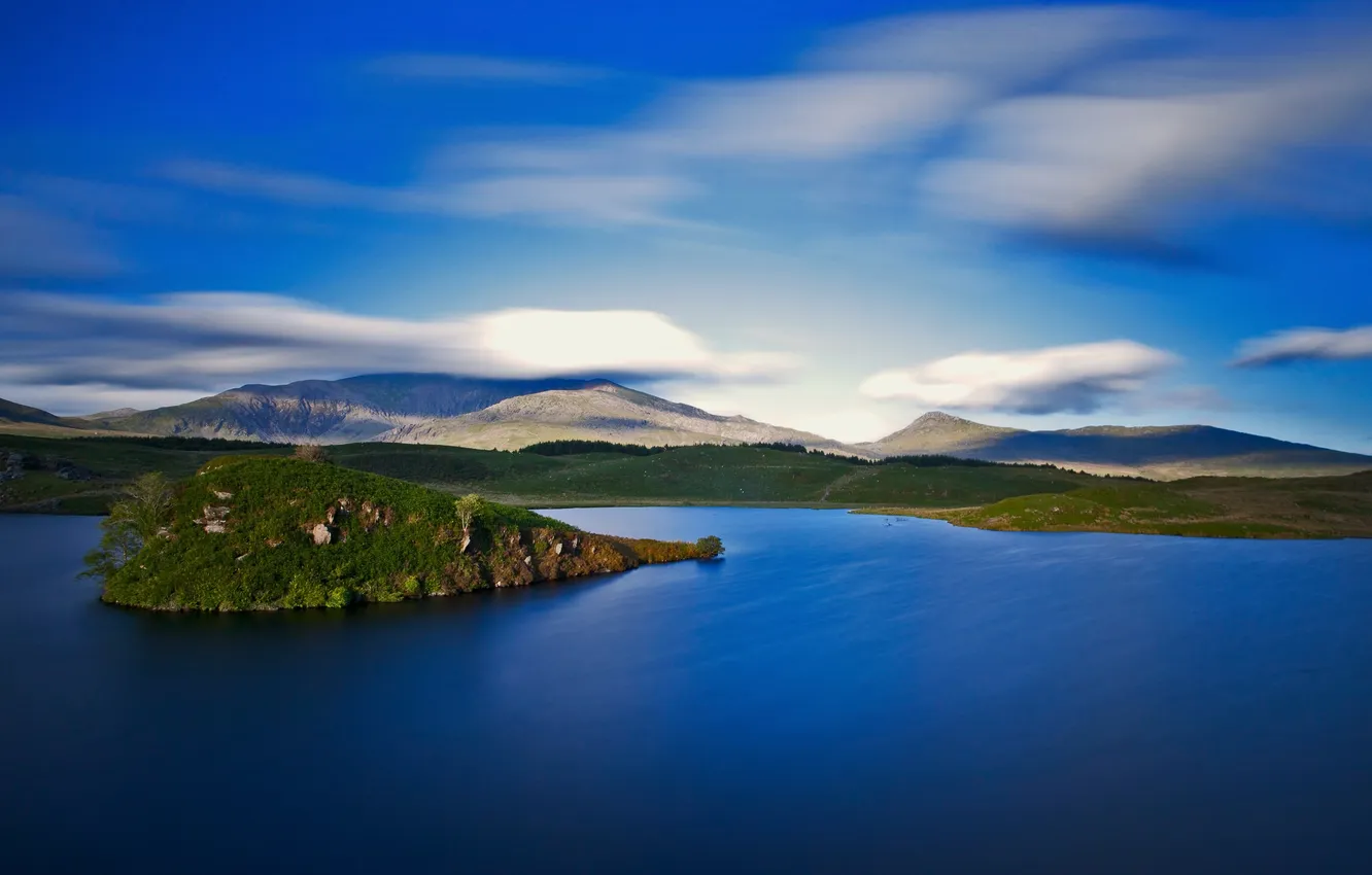 Photo wallpaper the sky, clouds, mountains, lake, island