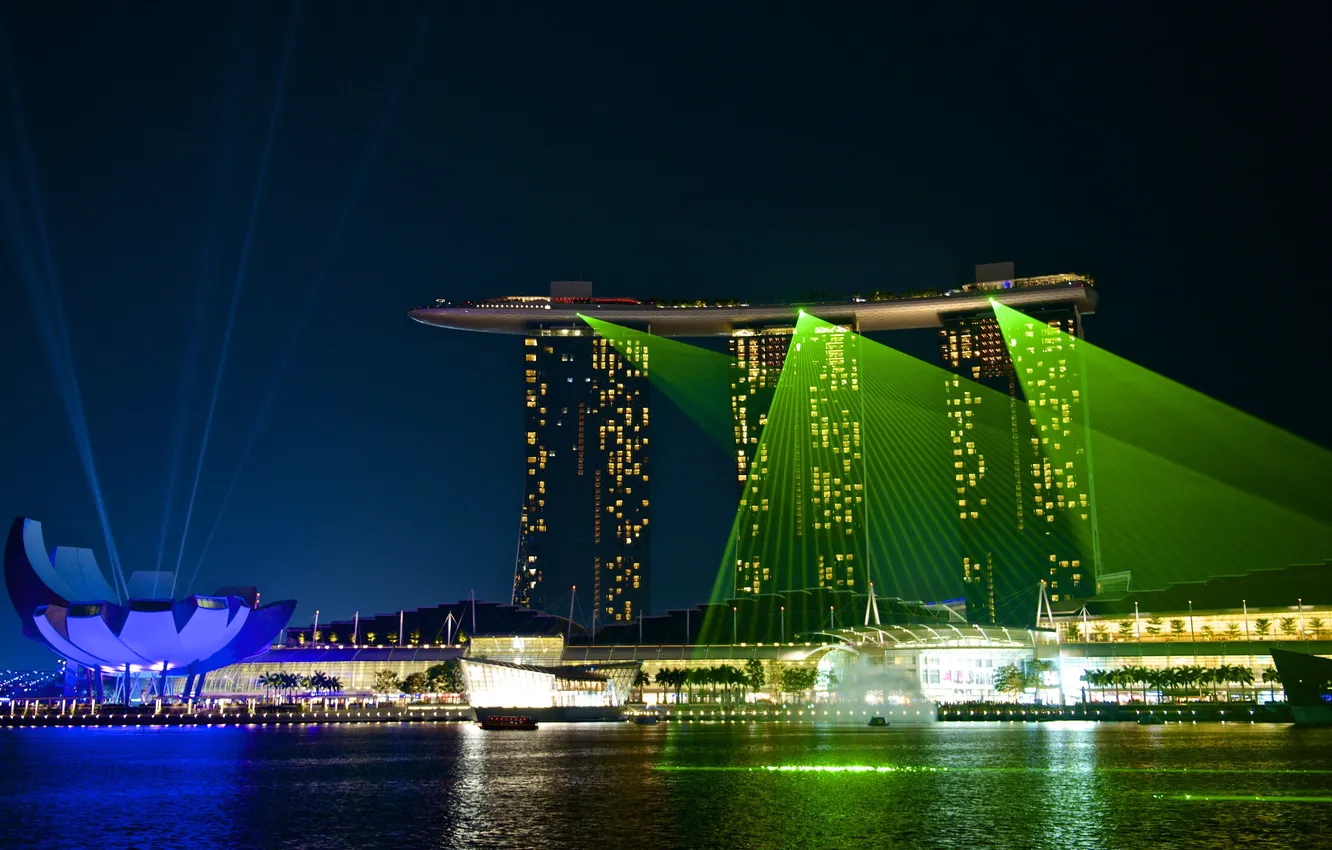 Photo wallpaper water, rays, night, lights, holiday, bowl, Asia, Singapore