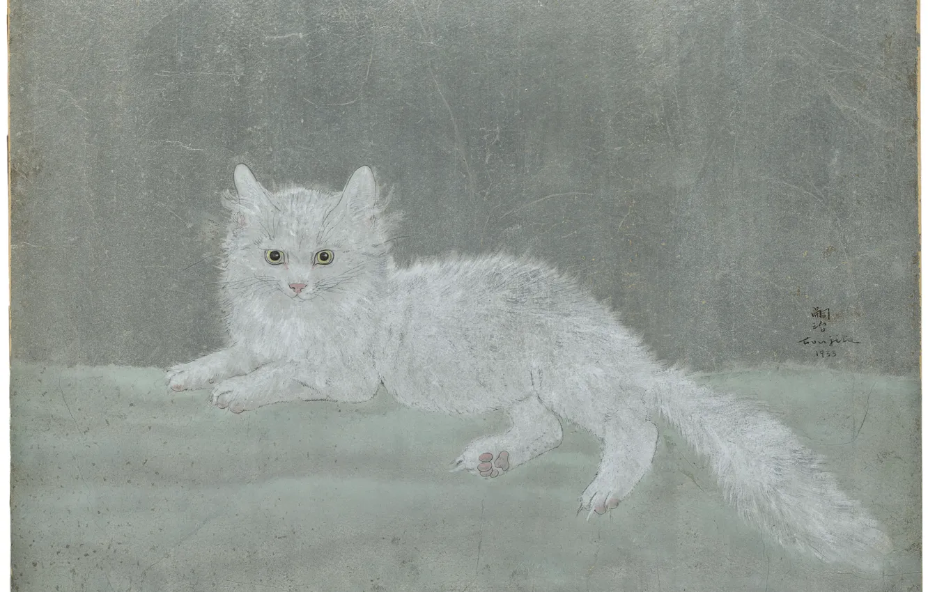 Photo wallpaper paper, pen, watercolor, ink, 1933, Tsuguharu Foujita, White cat