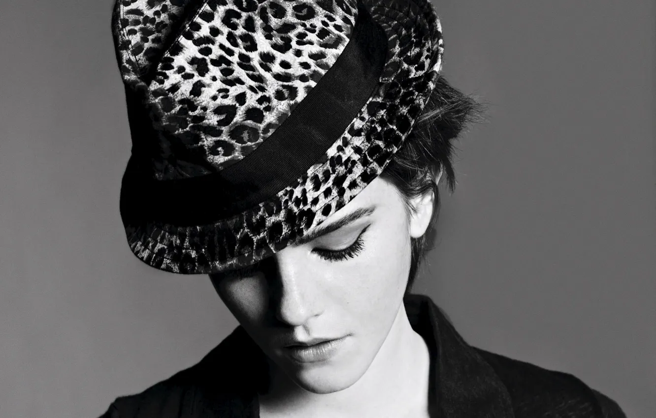 Photo wallpaper hat, actress, black and white, Emma Watson, celebrity