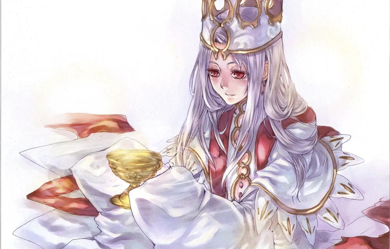 Photo wallpaper bowl, ritual, crown, red eyes, Cape, Queen, visual novel, long white hair