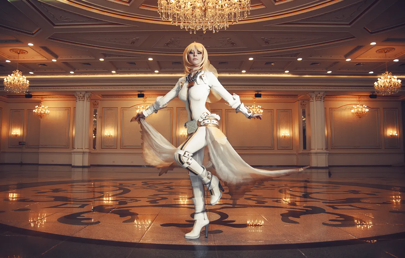 Photo wallpaper girl, lights, hall, Fate/Stay Night, saber, cosplay