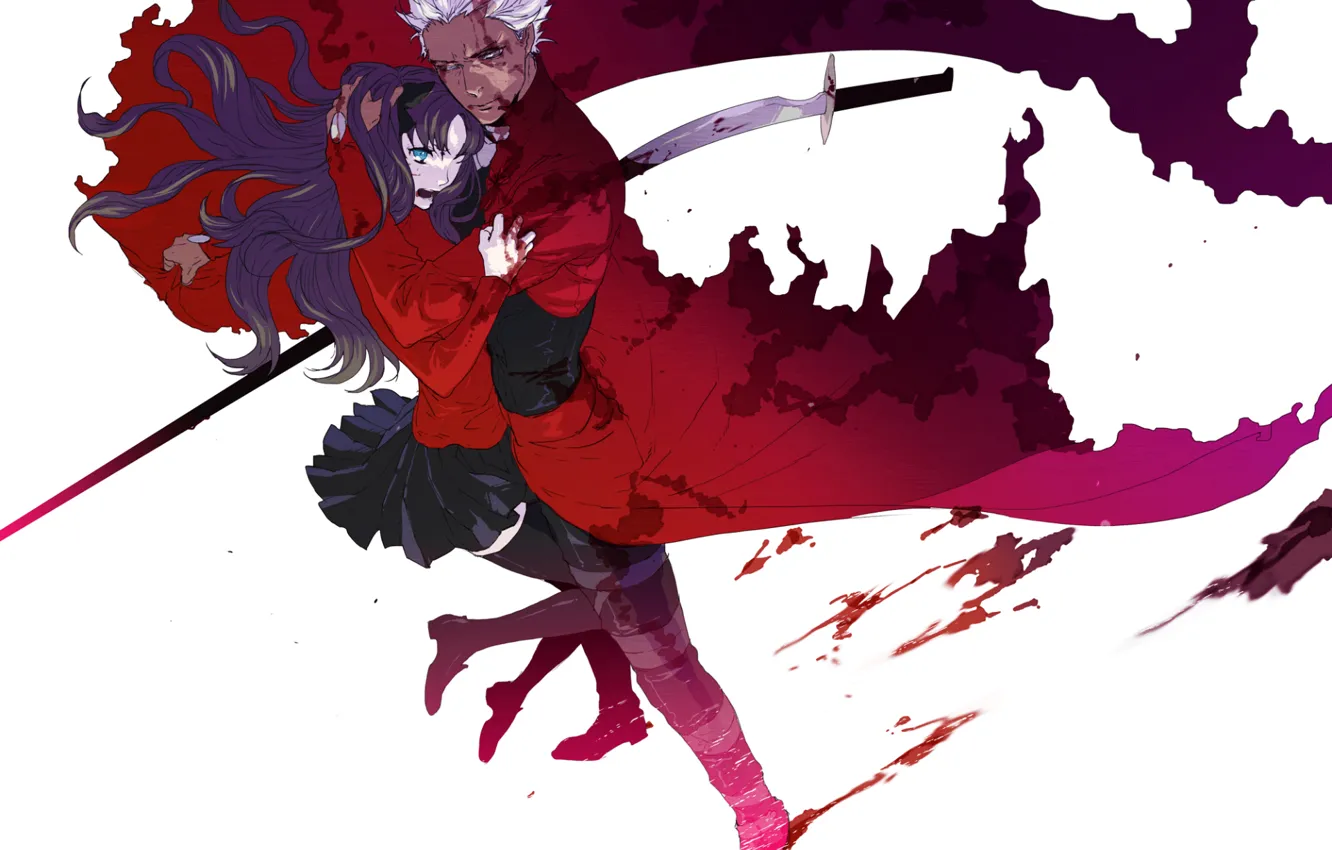 Photo wallpaper blood, sword, spot, Fate/Stay Night, gray, Archer, Rin Tohsaka