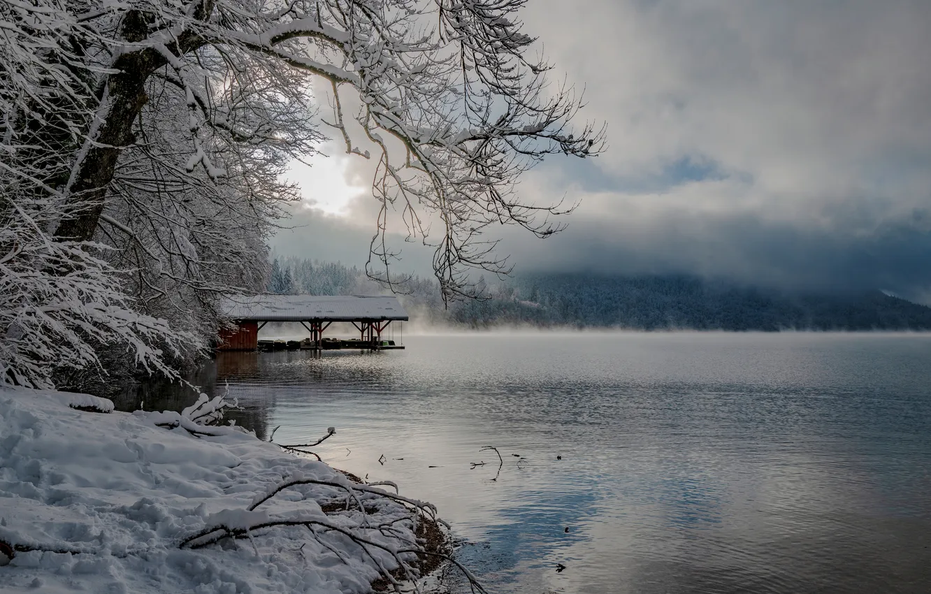 Photo wallpaper winter, clouds, snow, nature, lake, Germany, Alpsee