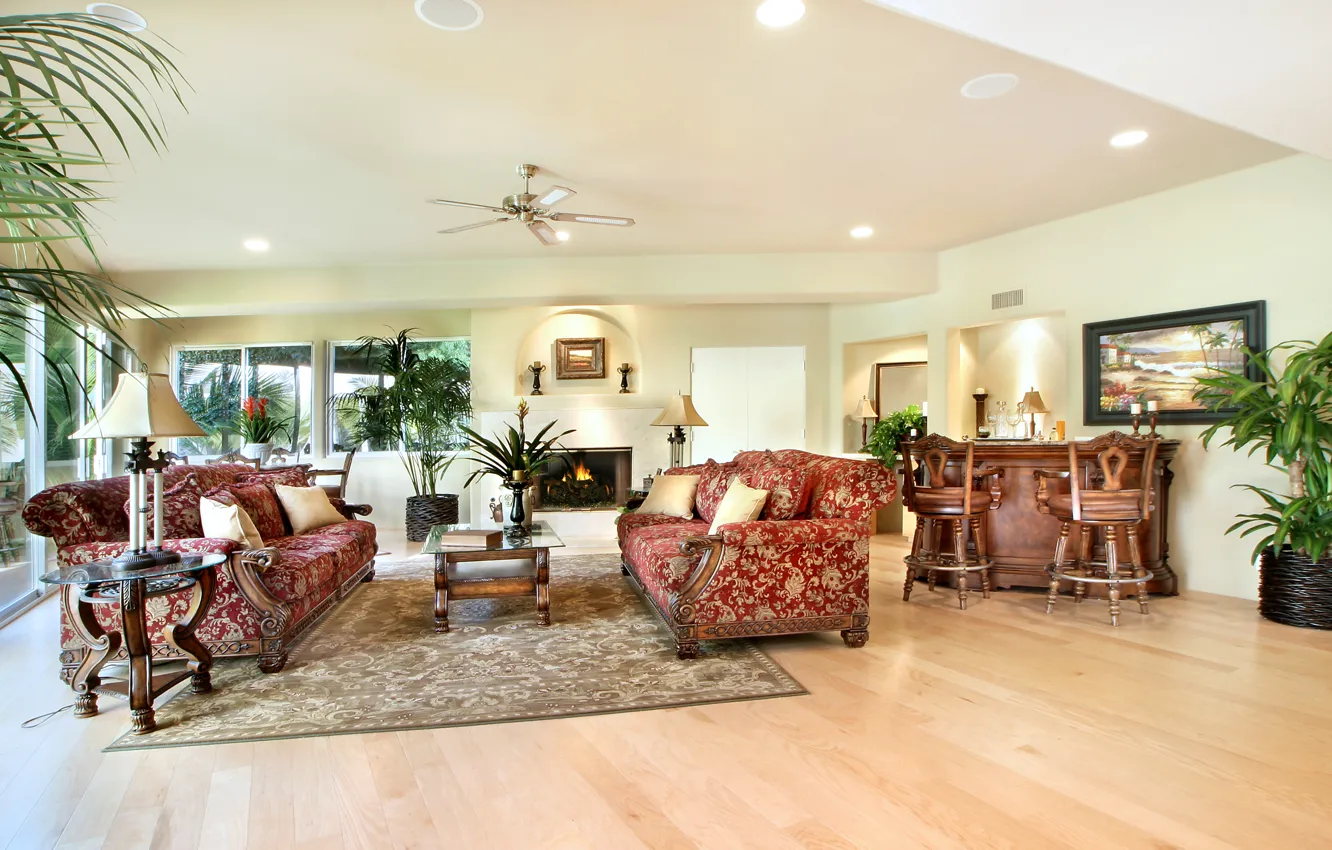 Photo wallpaper sofa, picture, window, fireplace, mansion, design, living room, interior