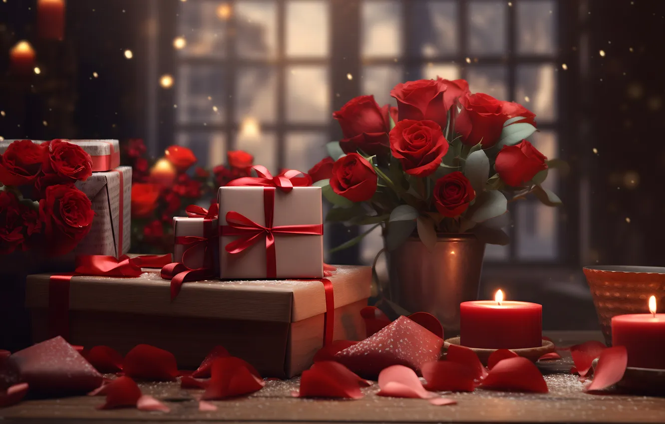 Photo wallpaper love, flowers, gift, romance, heart, roses, love, Valentine's day