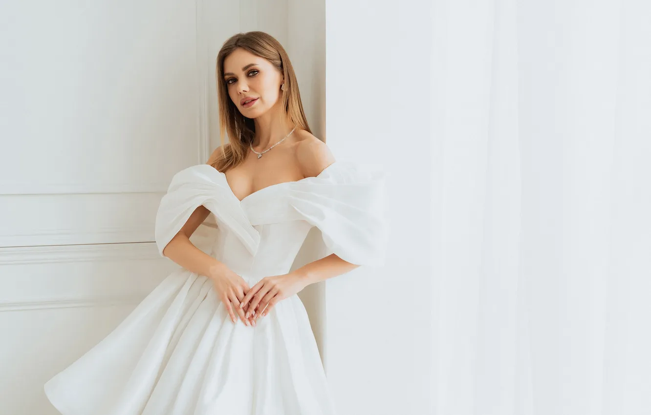 Photo wallpaper look, girl, pose, style, hands, neckline, the bride, wedding dress