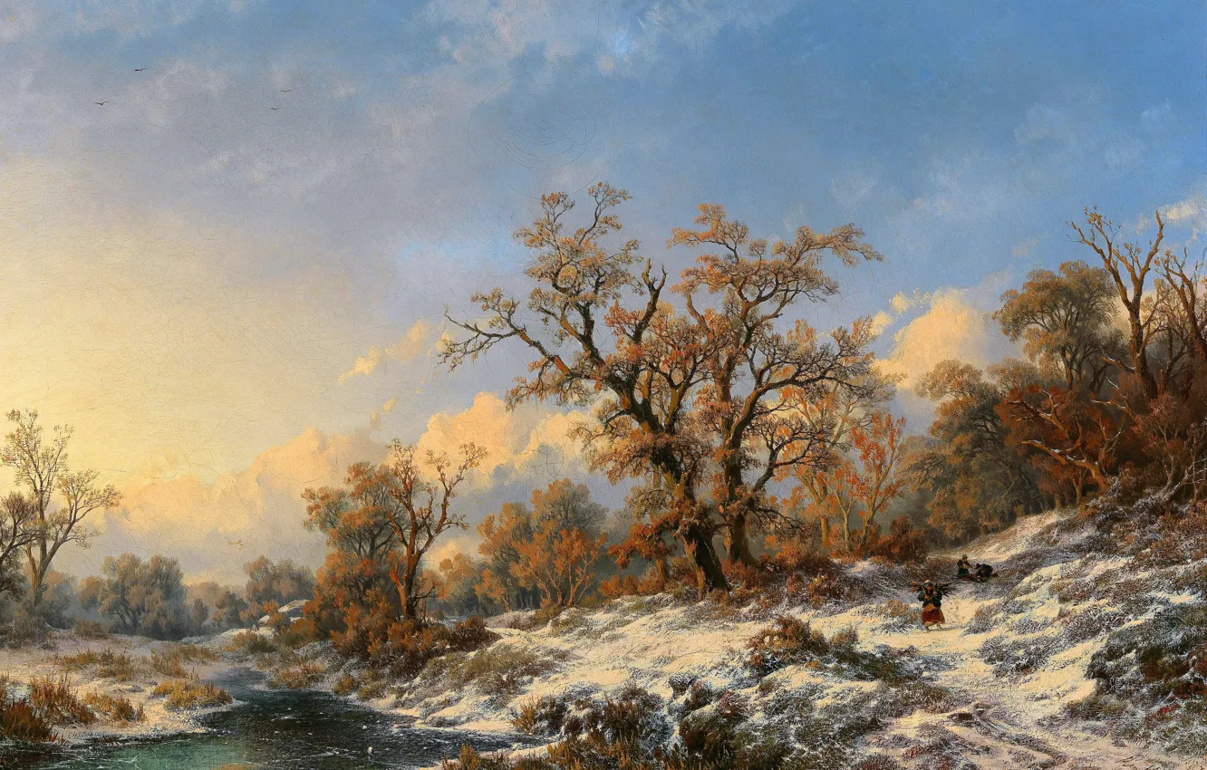 Photo wallpaper winter, snow, trees, picture, river, Dutch painter, Remigius Adrianus Van Haanen, Remigius Adrianus van Hanen