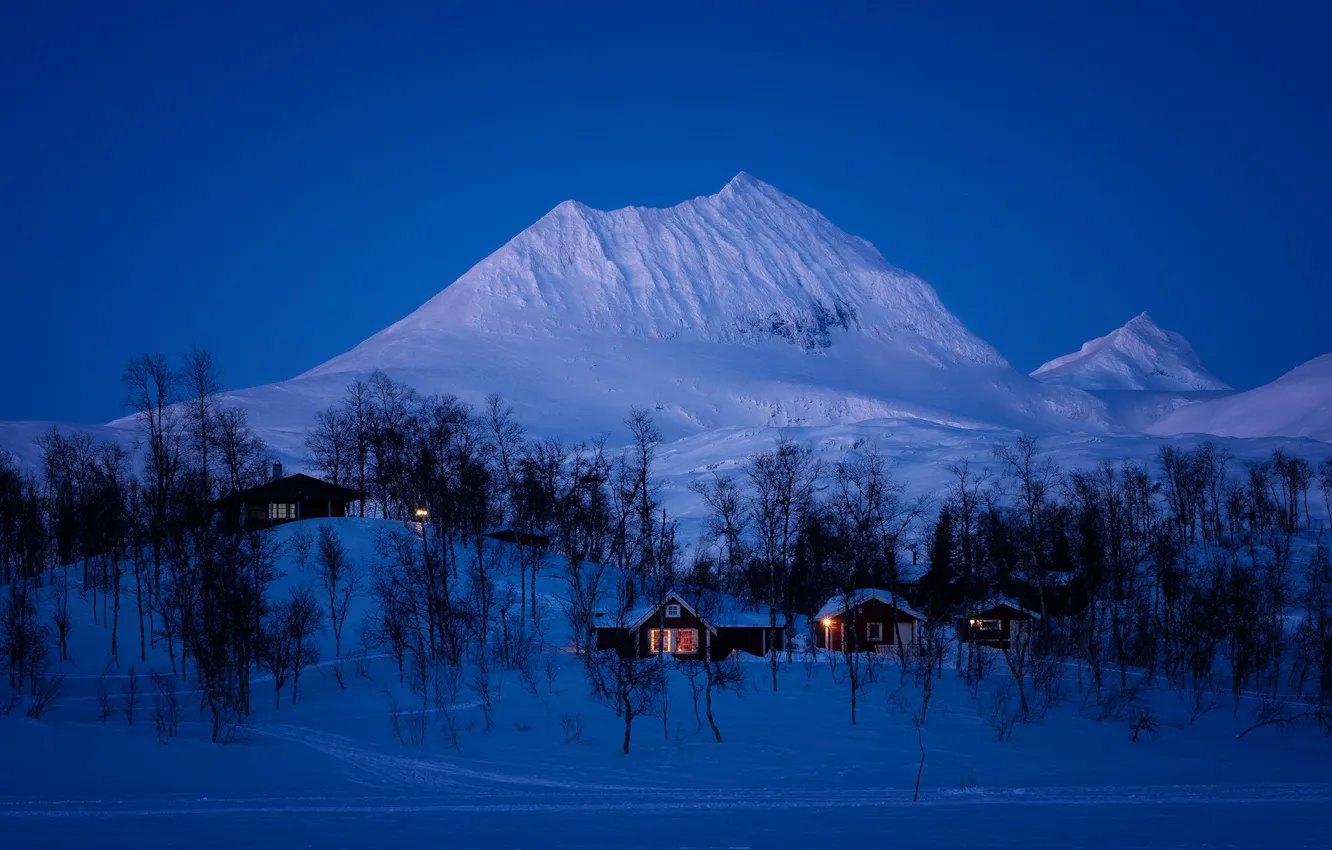 Photo wallpaper winter, snow, mountains, night, home, Norway
