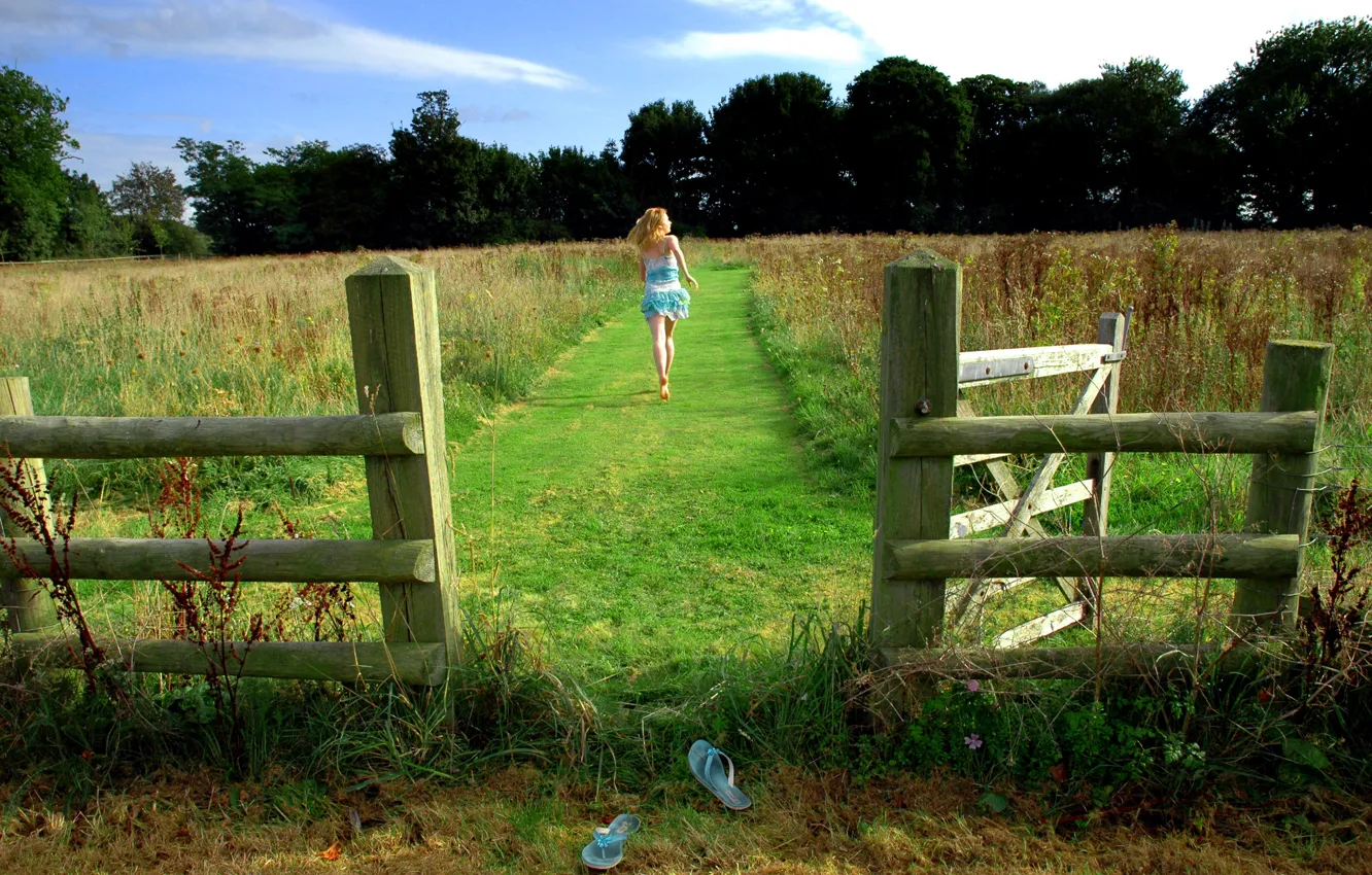Photo wallpaper field, grass, girl, fence, running, Slippers