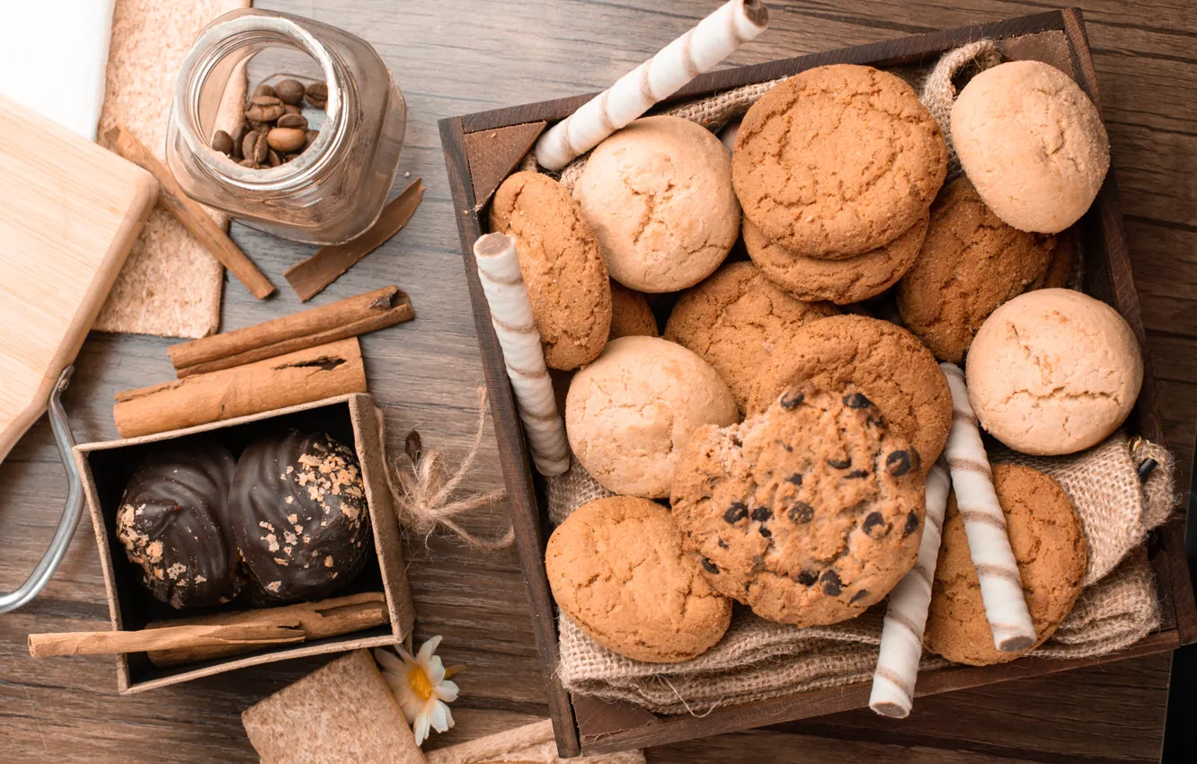 Photo wallpaper Board, coffee, cookies, Bank, box, cinnamon, different, a lot