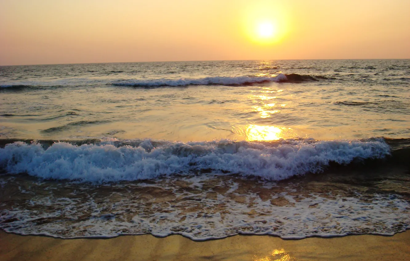 Photo wallpaper sea, wave, foam, the sun, sunset, nature, shore