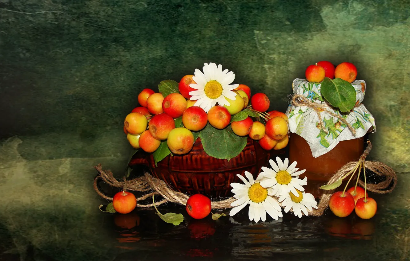 Photo wallpaper flowers, nature, mood, apples, chamomile, beauty, vase, basket