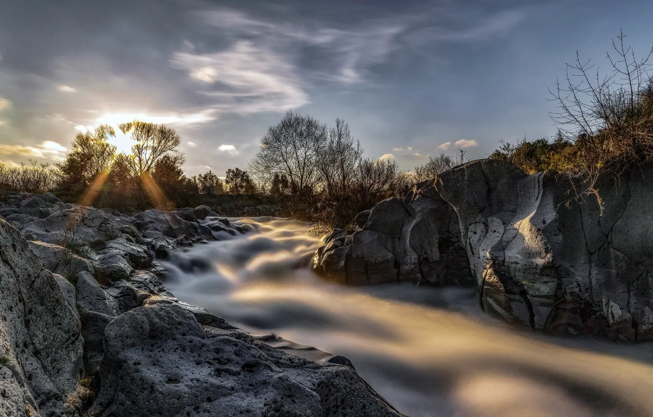 Photo wallpaper sunset, river, rocks, stream
