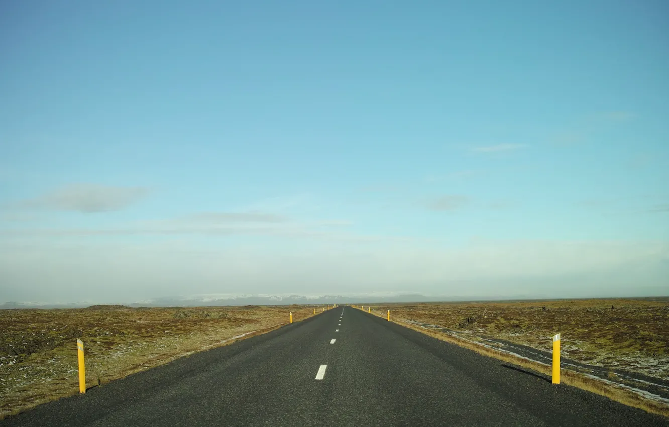 Photo wallpaper road, snow, mountains, horizon, road, mountains, snow, horizon