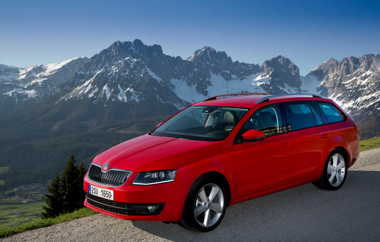 Photo wallpaper road, the sky, snow, mountains, red, open, tops, Skoda