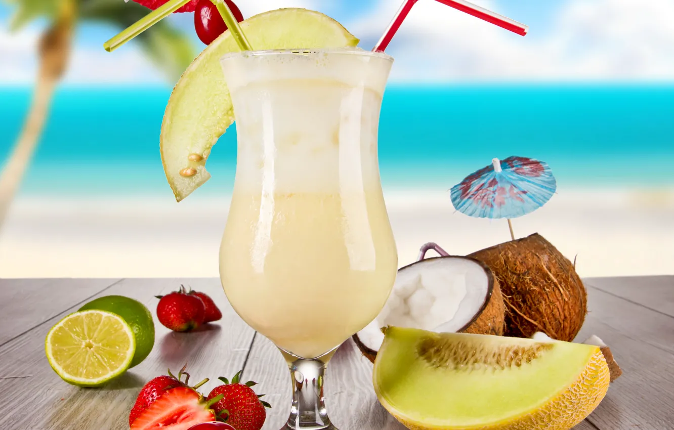 Photo wallpaper sea, beach, cherry, Palma, table, glass, coconut, strawberry