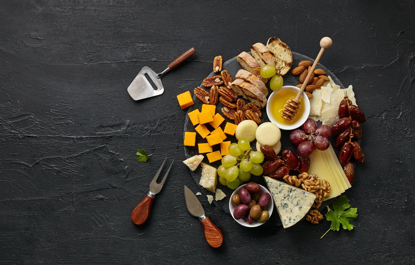 Photo wallpaper the dark background, background, food, cheese, honey, grapes, knife, plug