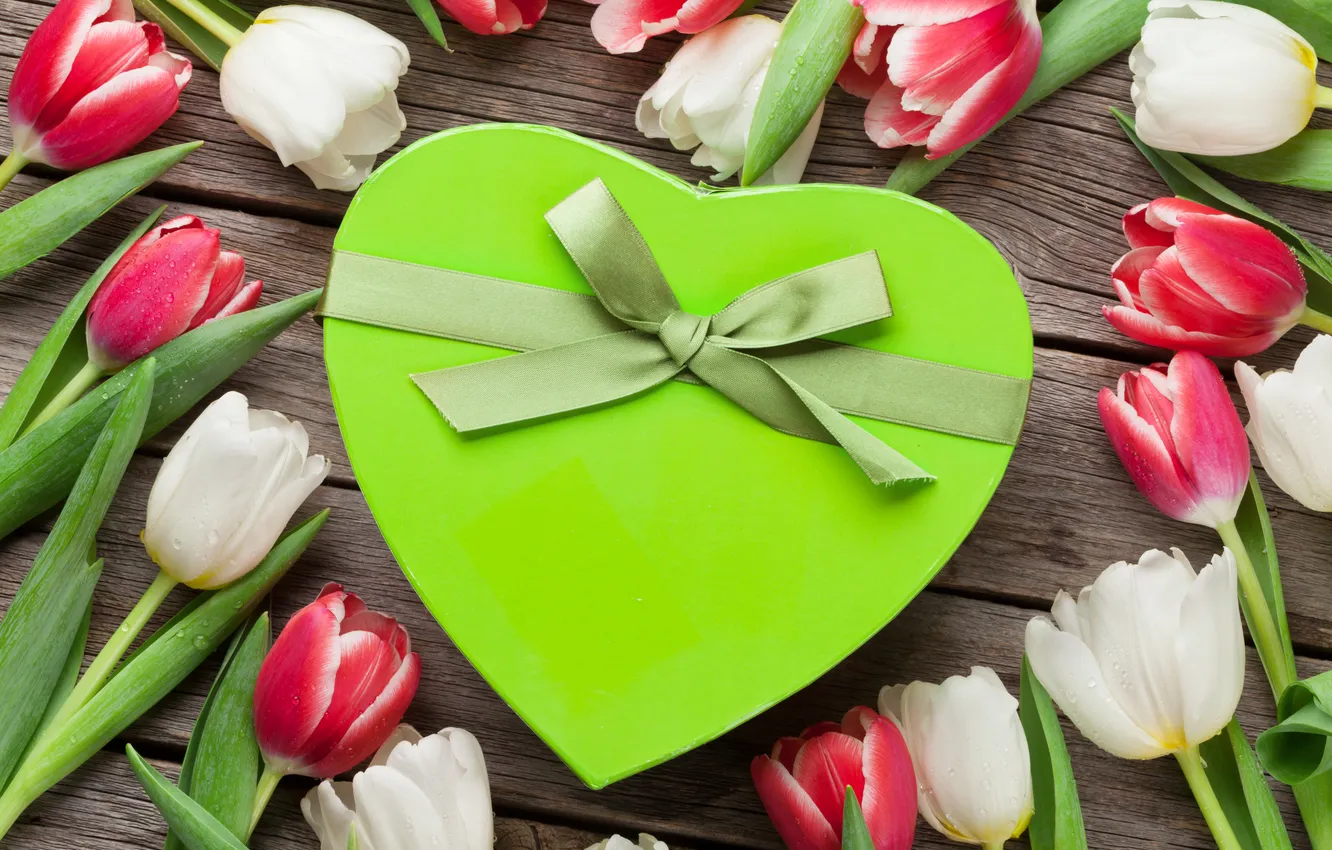 Photo wallpaper flowers, gift, bouquet, tulips, red, love, white, heart