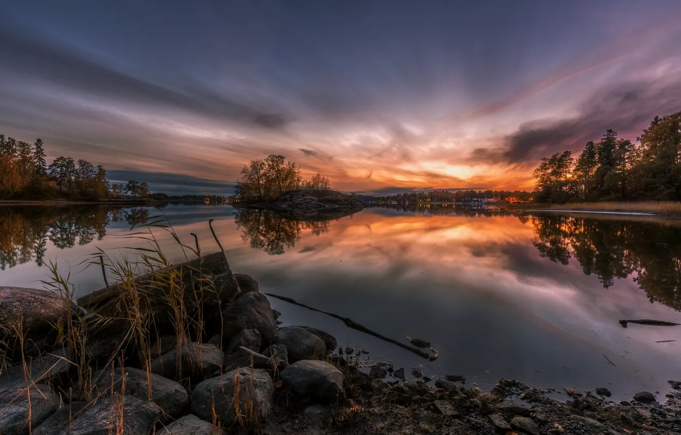 Photo wallpaper sunset, shore, pond